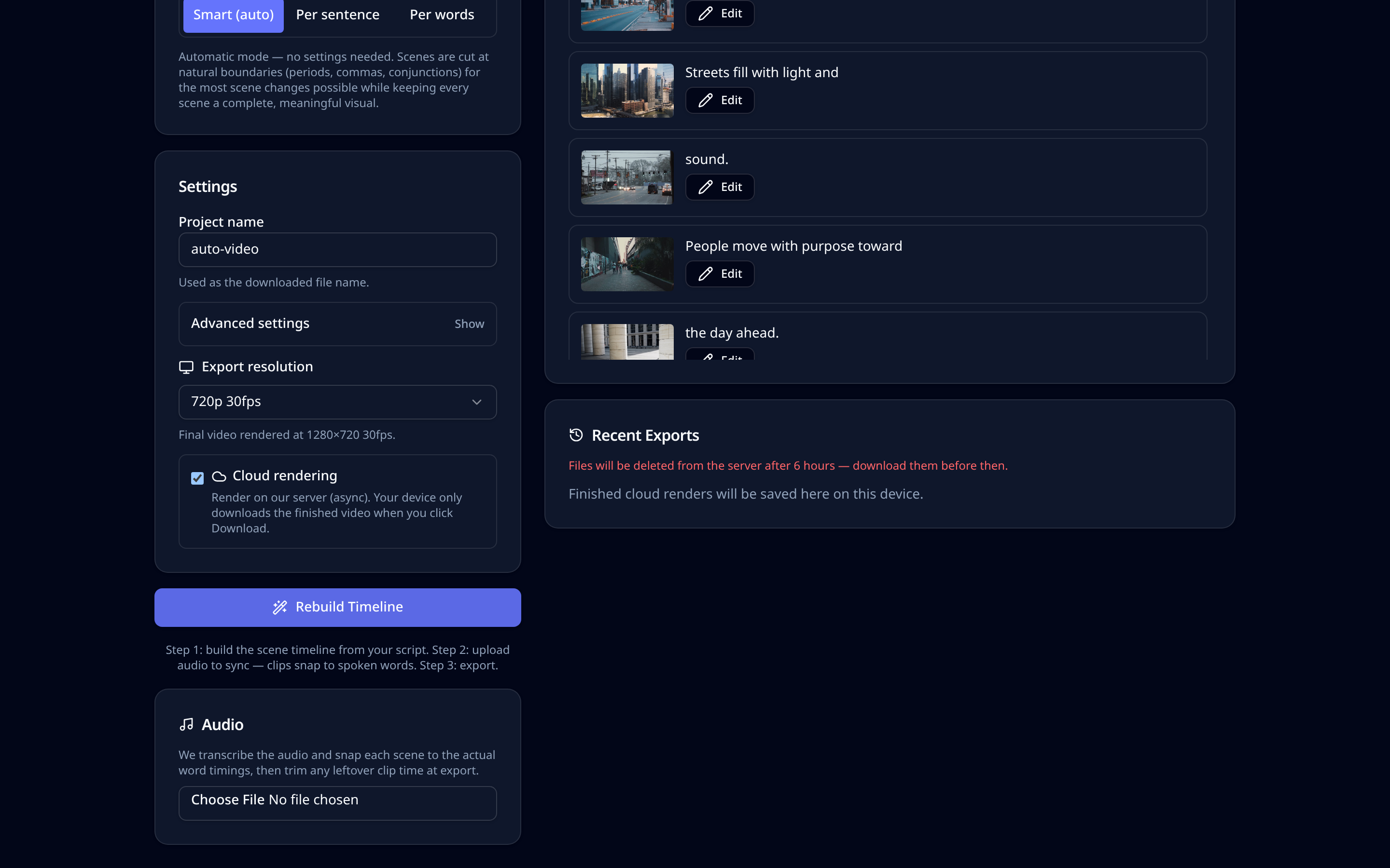 Audio upload card where the voiceover is transcribed and scenes are synced to spoken words