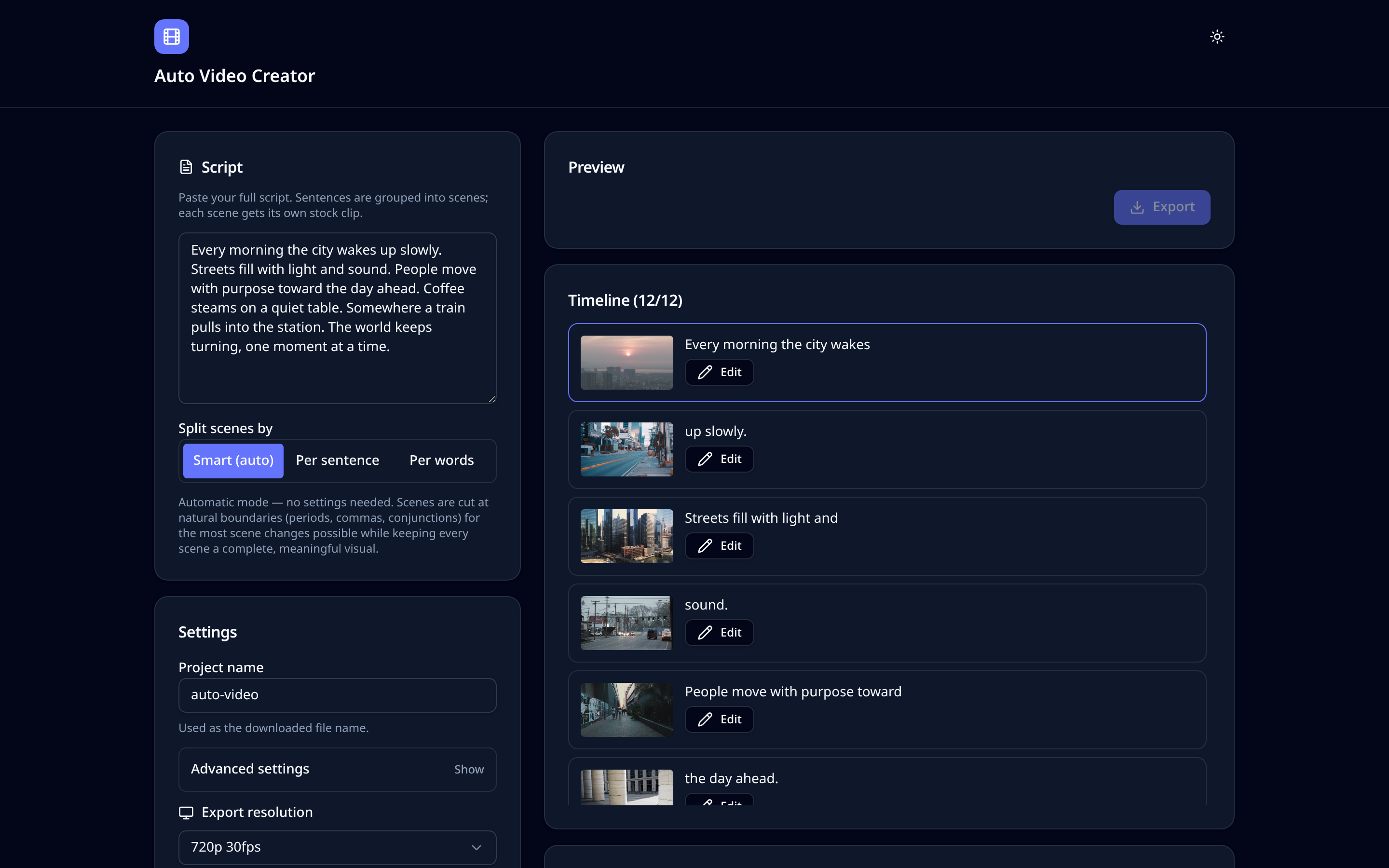 Generated scene timeline showing stock clips matched to each line of the script